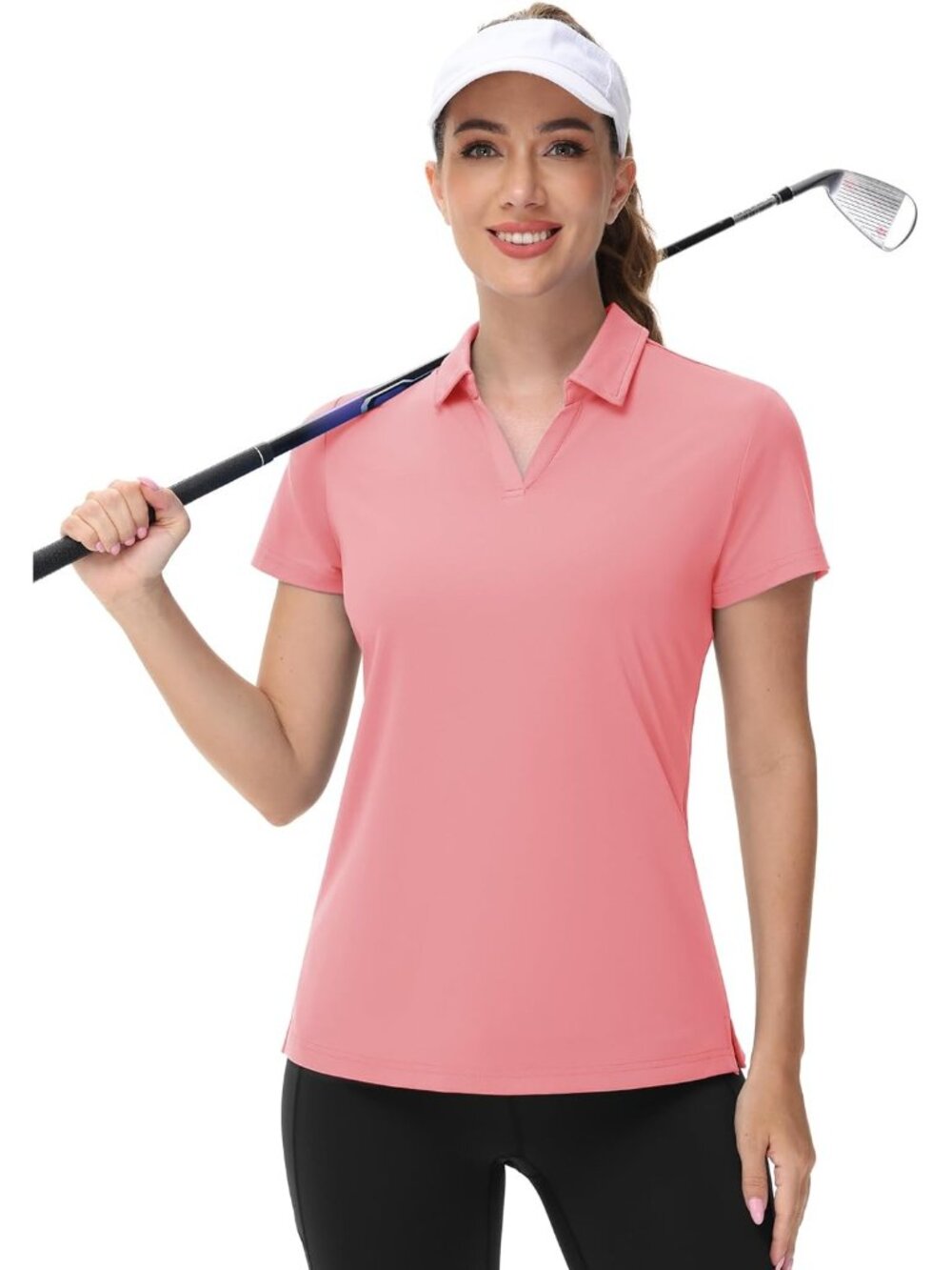 Women's 12-pink V-Neck Polo Shirts UPF50+ Short Sleeve Golf Collared Tops - Picture 5 of 6